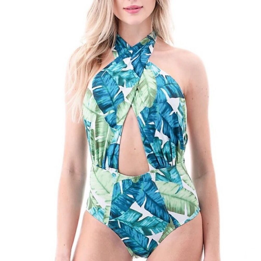 Blogger Favorite Envya Kaleen Front‎ Cross Halter Neck One-Piece Swimsuit Size S